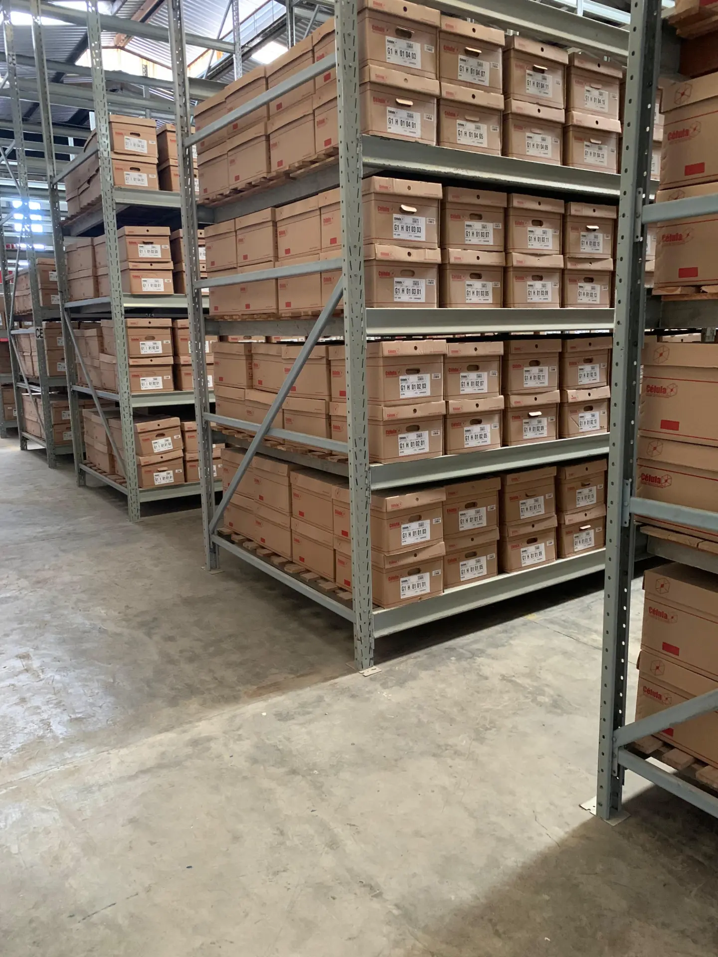 Estrutura real da CEDOC com estantes porta-pallets e caixas de documentos